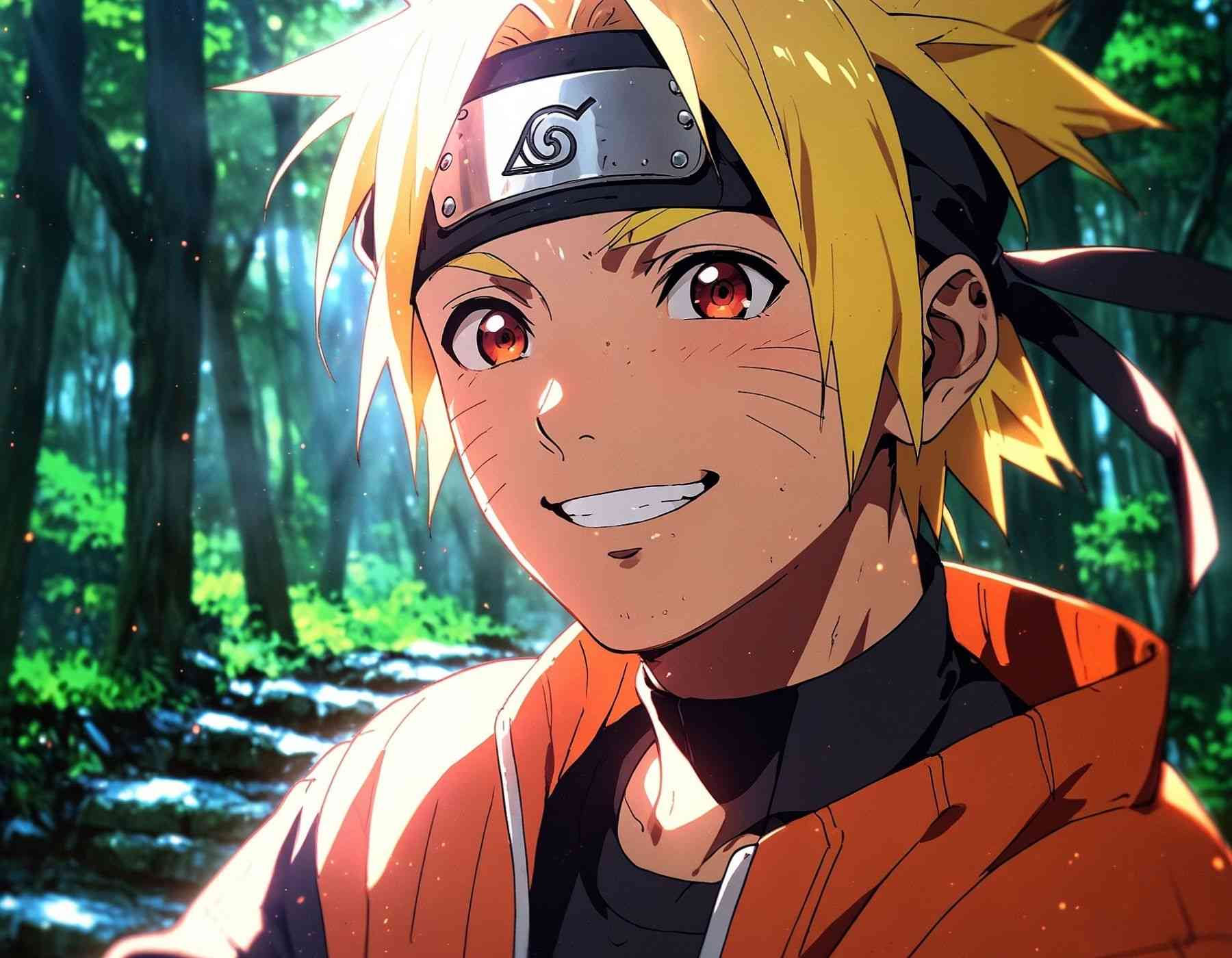 A cool image of naruto in a forest, wearing a smile that reflects his contentment and happiness & cool naruto images