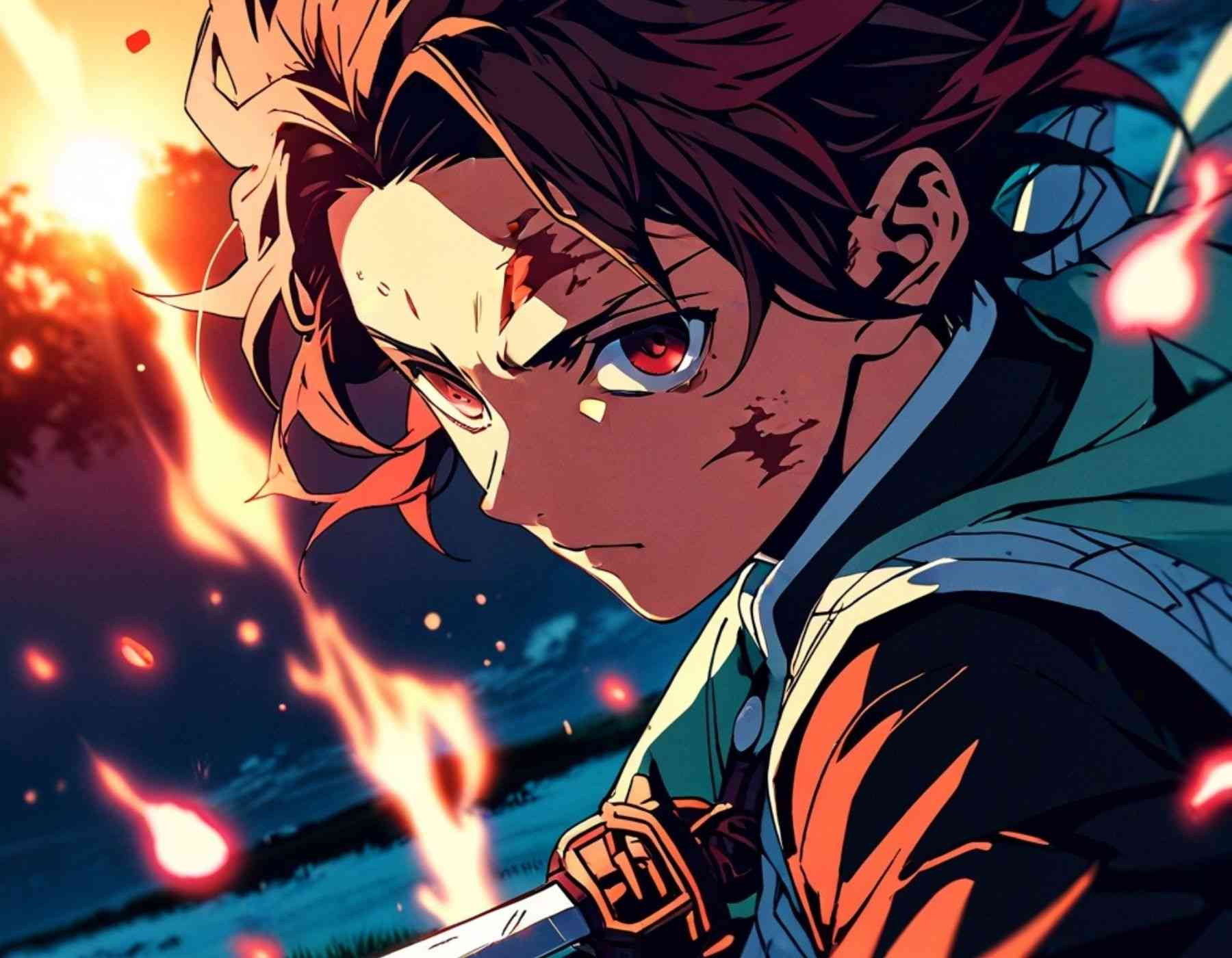 Tanjiro kamado, the anime character, with red hair and blue eyes, standing in front of a red sun & anime character tanjiro kamado