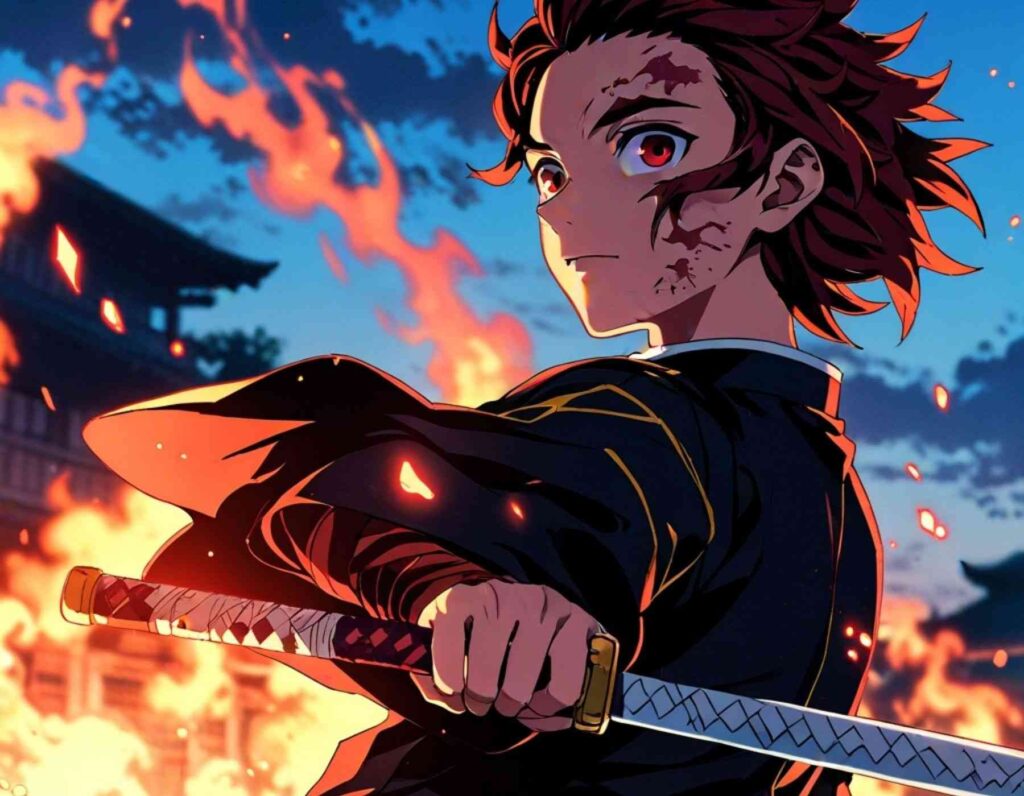 An anime character, tanjiro kamado, holding a sword surrounded by fire in a vibrant anime wallpaper & anime character tanjiro kamado