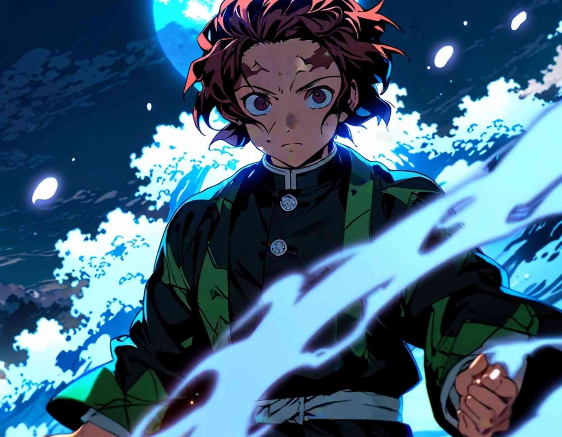 Tanjiro from demon slayer standing in a fierce pose, ready to battle. Vibrant colors and intense expression & tanjiro demon slayer wallpaper