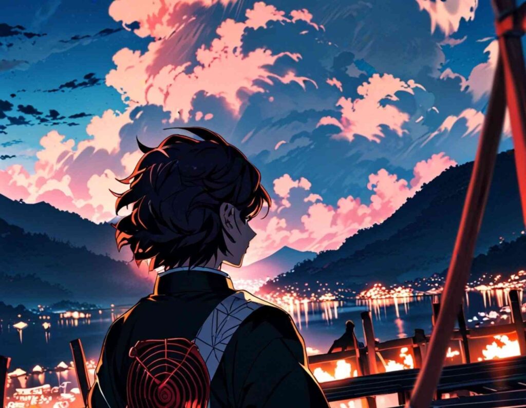 A serene anime boy standing by the water at night, with a backdrop of sky, mountains, and a cityscape & tanjiro wallpaper