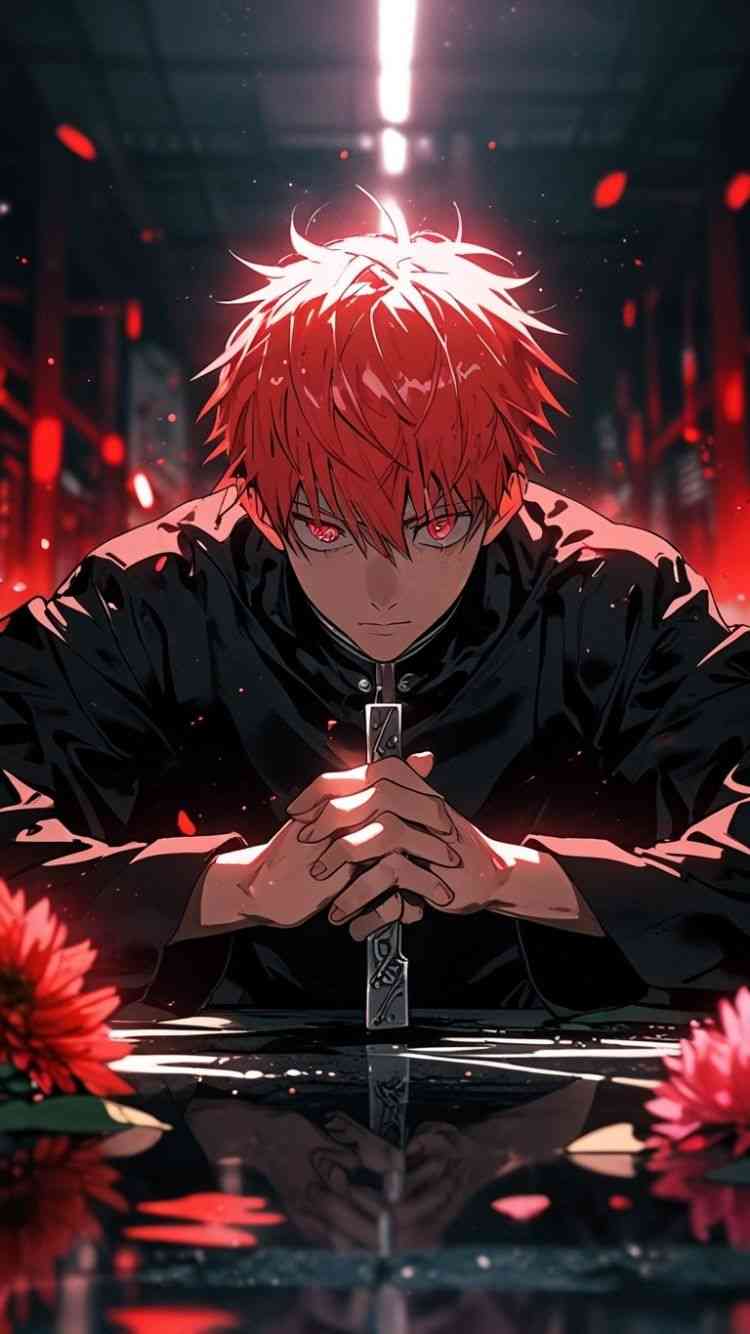 Eye-catching anime wallpaper showcasing a character with striking red hair, ideal for enthusiasts of yuji itadori photos & yuji itadori photos wallpaper