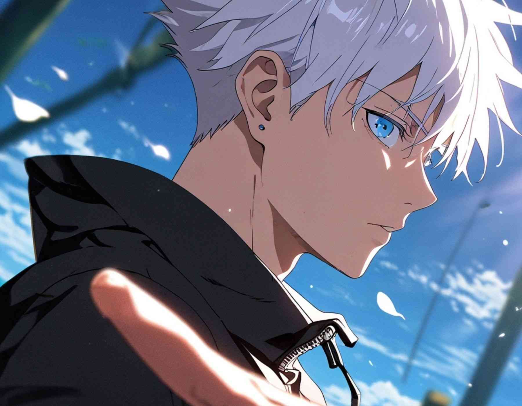 Anime character with white hair on a high-definition wallpaper, featuring gojo satoru's mesmerizing eyes & gojo satoru eye wallpaper