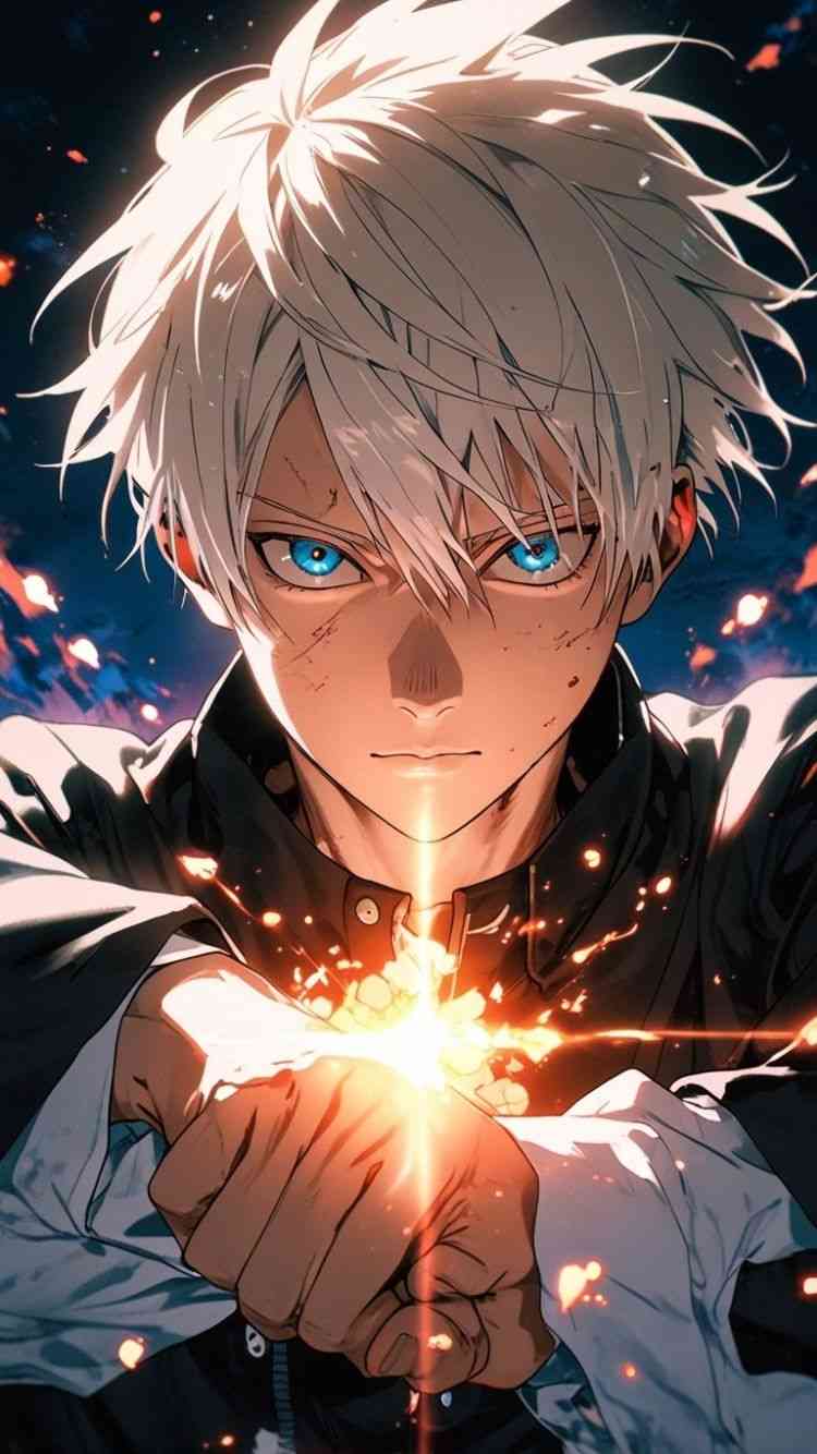 An anime character with white hair and blue eyes holding a light, iphone gojo satoru wallpaper & iphone gojo satoru wallpaper