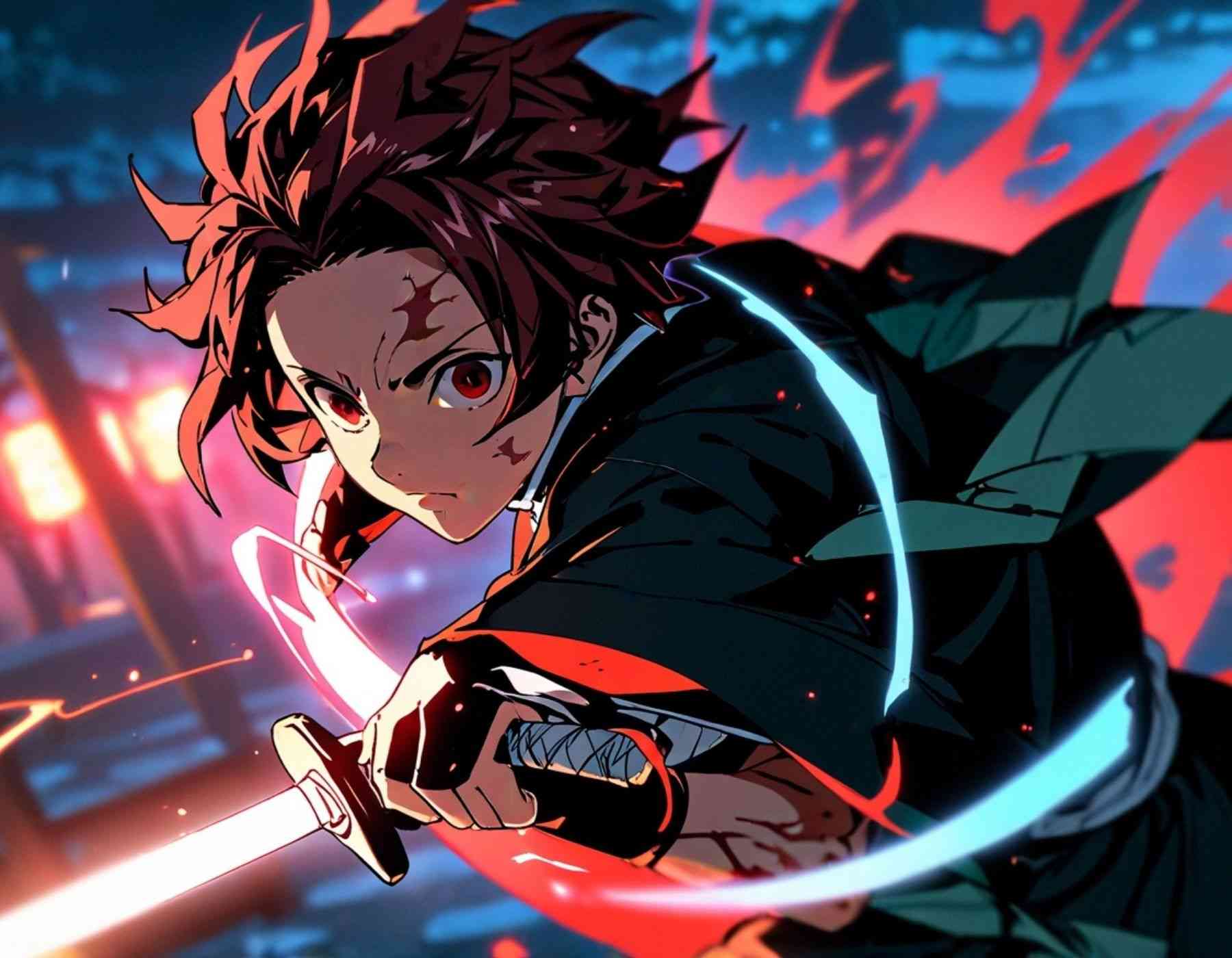 Tanjiro wielding a sword in a lively anime wallpaper.