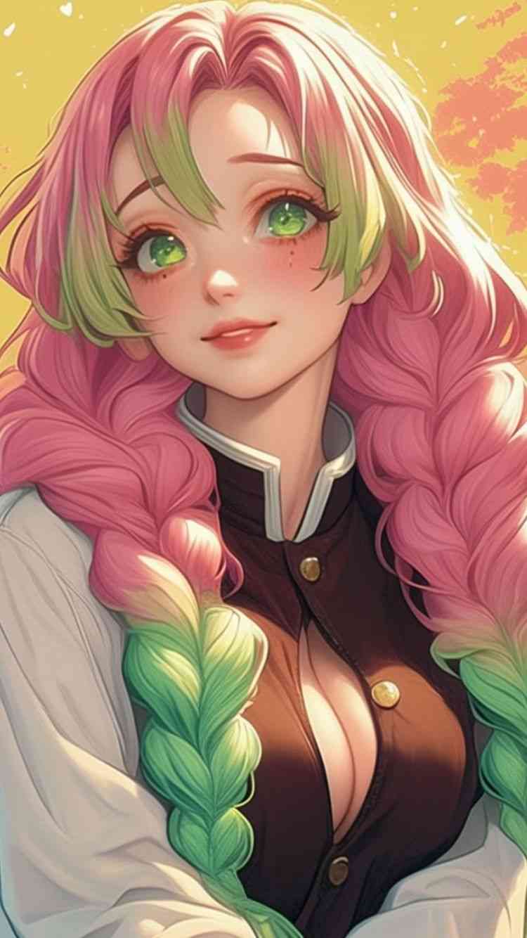 An eye-catching phone wallpaper showcasing an anime girl with pink and green hair, inspired by the character mitsuri kanroji & mitsuri kanroji phone wallpaper