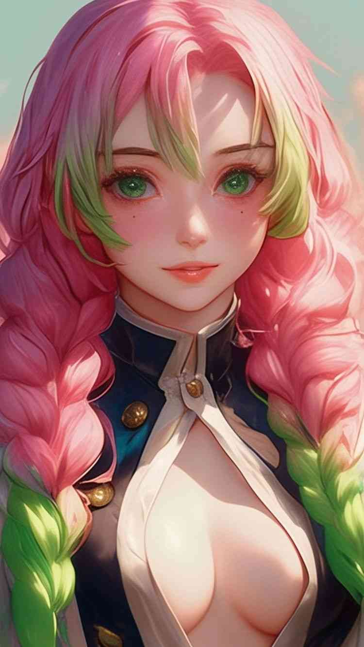 Wallpaper showcasing an anime girl with pink hair and green eyes, capturing the essence of mitsuri kanroji's style & mitsuri kanroji wallpaper