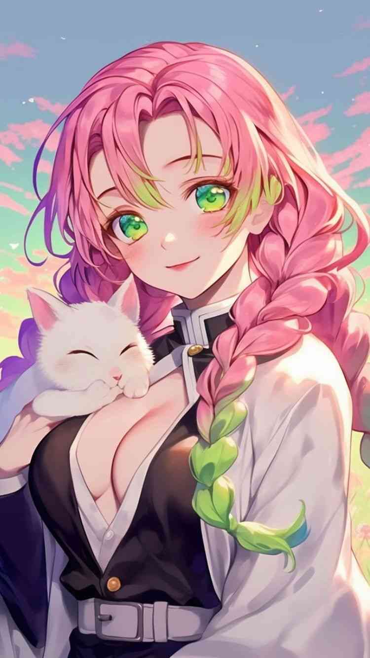 A pink-haired anime girl cradles a cat, featuring mitsuri kanroji's design, displayed in stunning 4k resolution & mitsuri kanroji wallpaper 4k