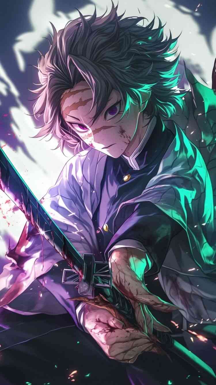 Anime character sanemi shinazugawa with purple hair and green eyes, wielding a sword in a dynamic pose & sanemi shinazugawa wallpaper