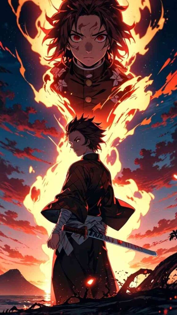 An anime character with fire emitting from his head, inspired by tanjiro's sun breathing technique & tanjiro sun breathing wallpaper