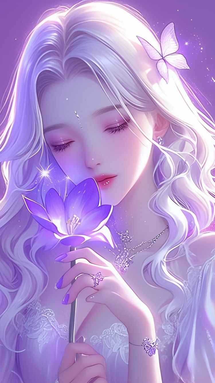 A beautiful girl with long white hair in a purple dress, holding a purple flower, set against a kanae kocho wallpaper background & kanae kocho wallpaper