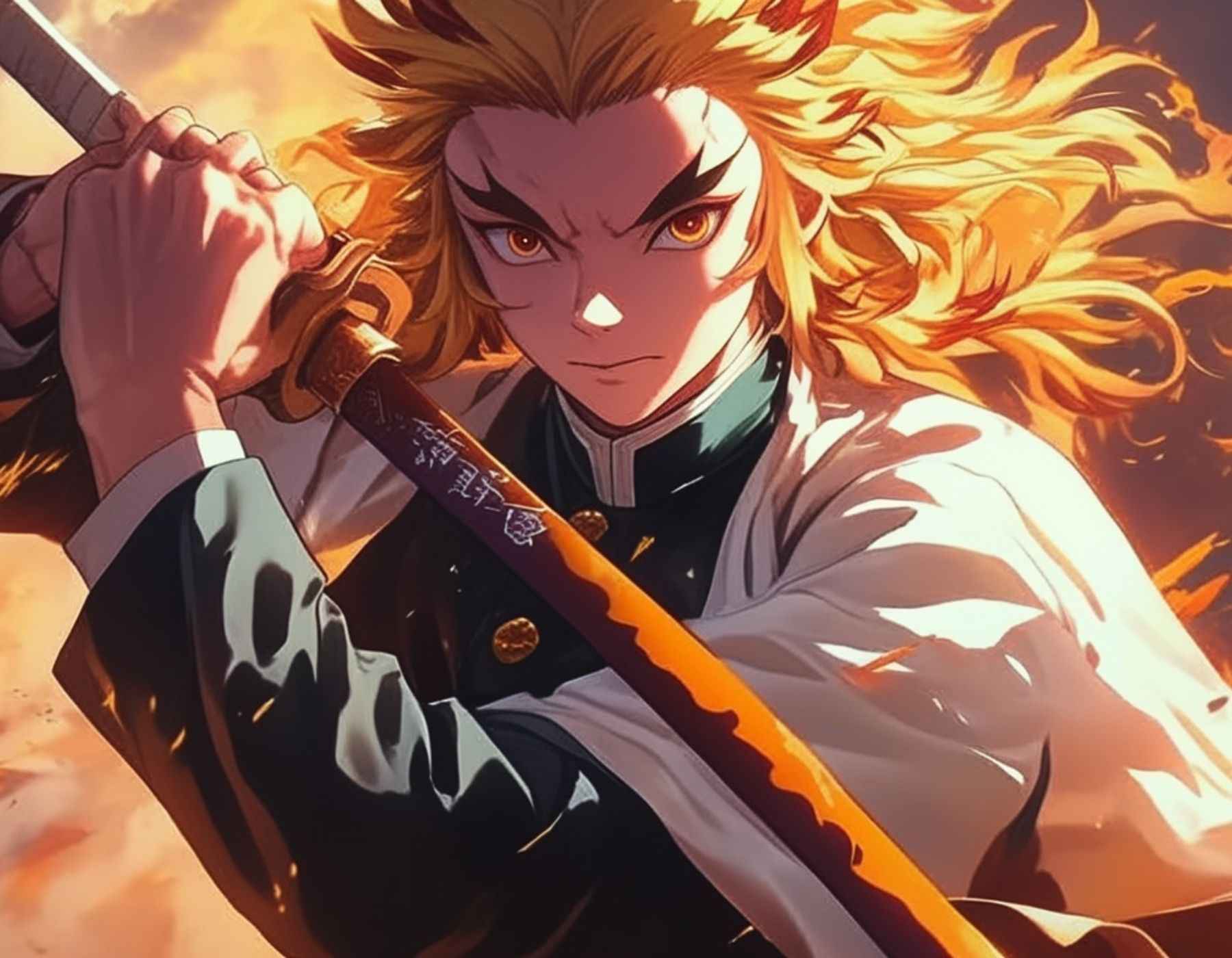 Kyojuro rengoku, an anime character with long blonde hair, brandishes a sword, showcasing strength and determination & kyojuro rengoku wallpaper