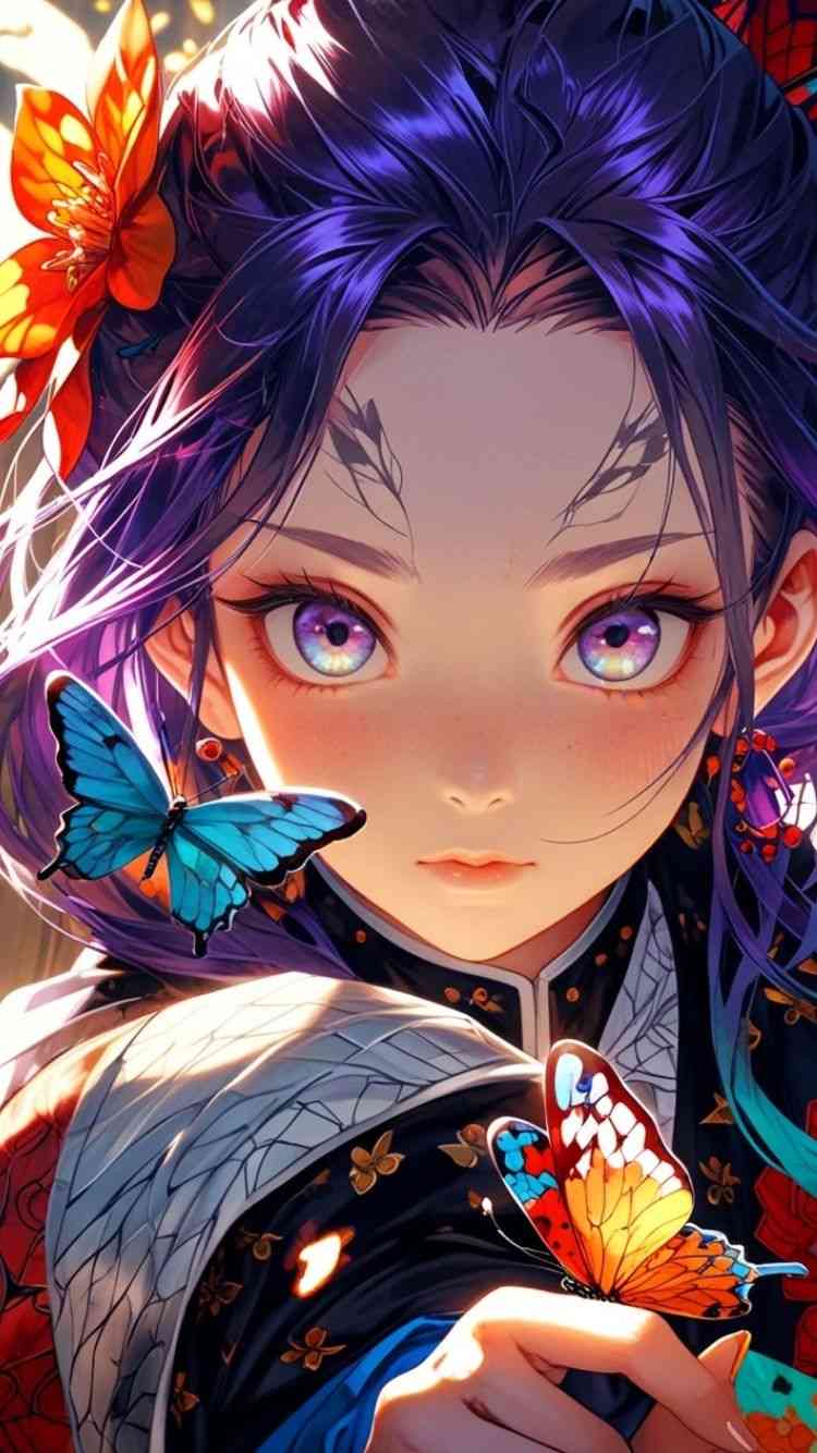 Anime girl with purple hair surrounded by butterflies, inspired by shinobu kocho, creating a whimsical and enchanting scene & shinobu kocho wallpaper