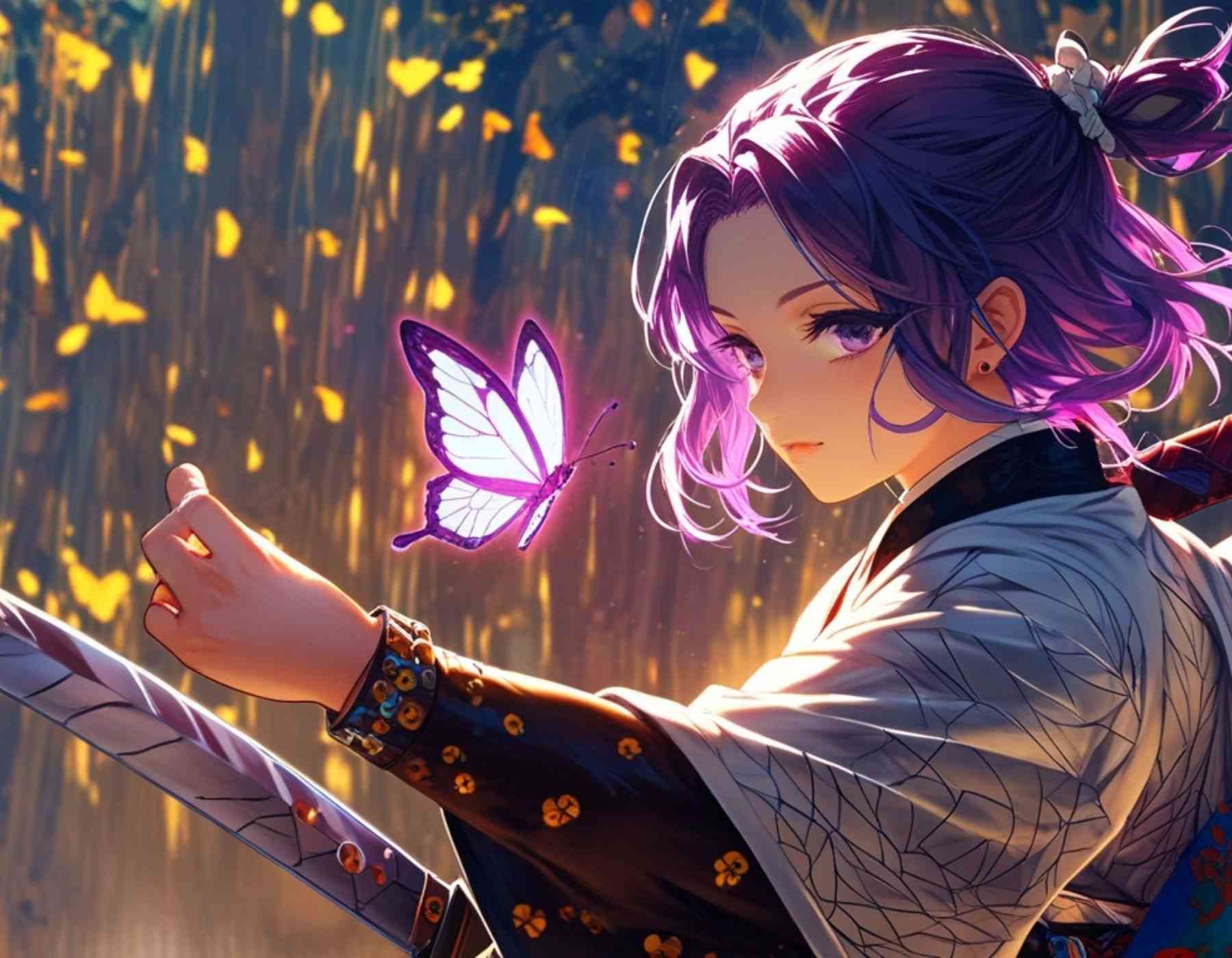 A shinobu kocho-inspired anime girl gracefully holds a butterfly and a sword, perfect for a pc wallpaper & shinobu kocho wallpaper pc