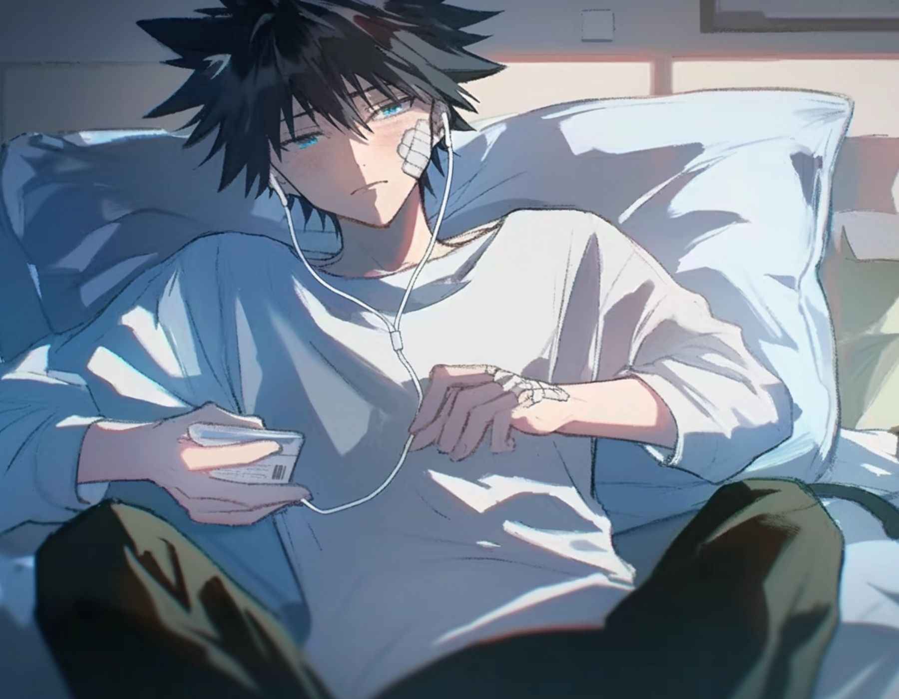 Anime boy with headphones resting in bed, featuring megumi fushiguro as a captivating wallpaper backdrop & megumi fushiguro wallpaper